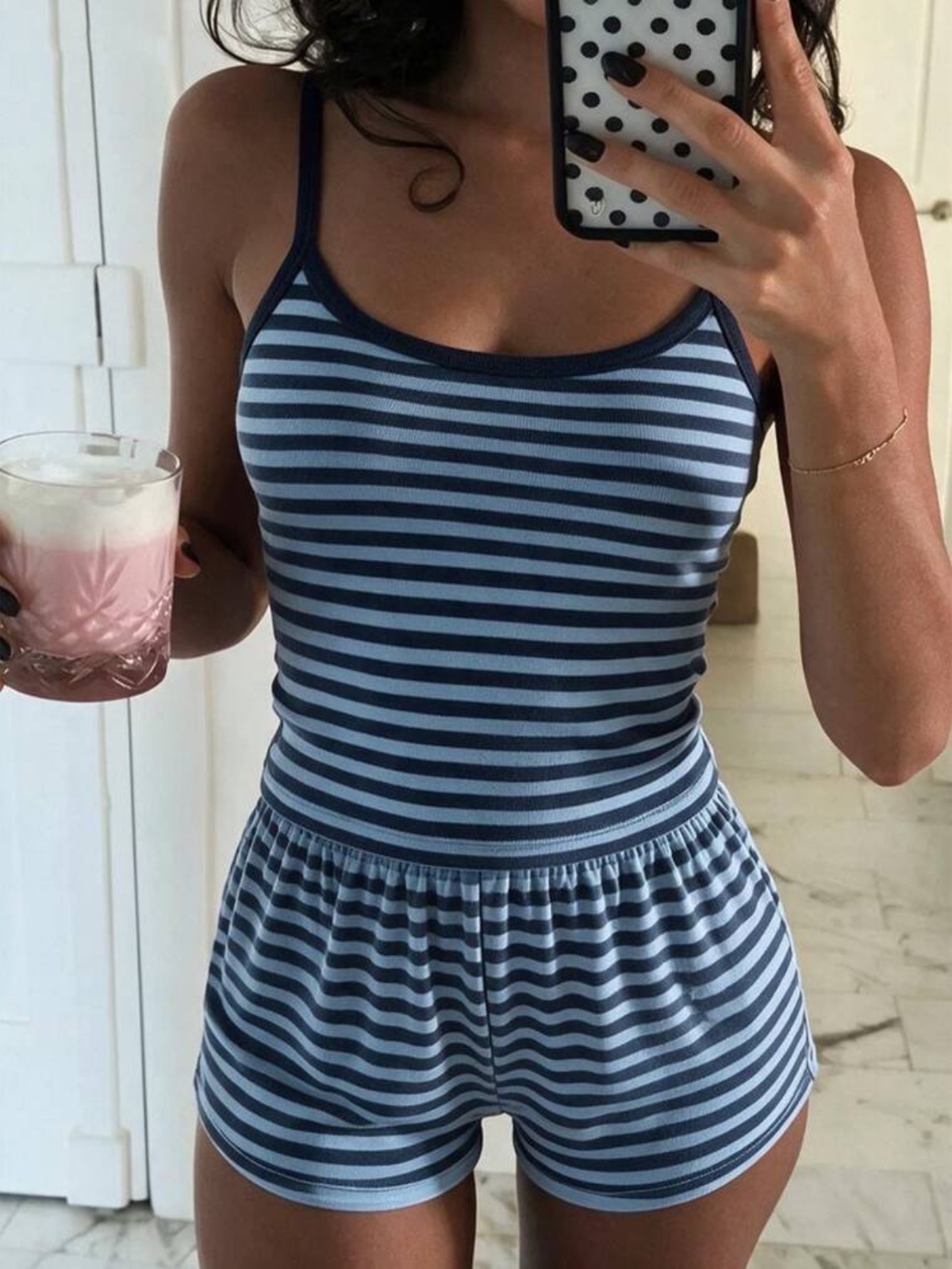 Franclia Conjunto de 2 piezas de camisola y pantalones cortos a rayas casual par, foto 6