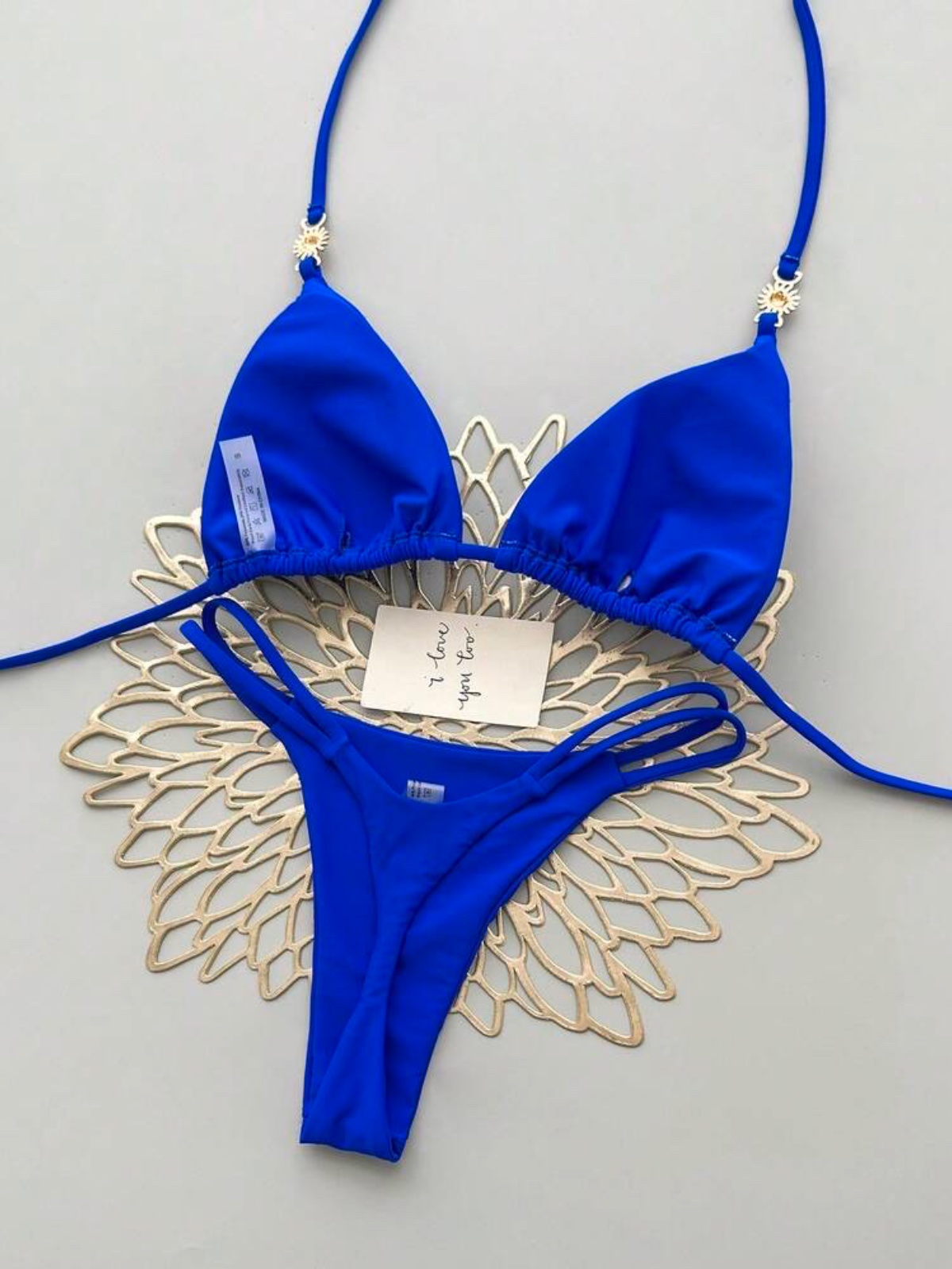 Conjunto de bikini de cintura alta con tirantes finos y fruncido en azul real pa, foto 4