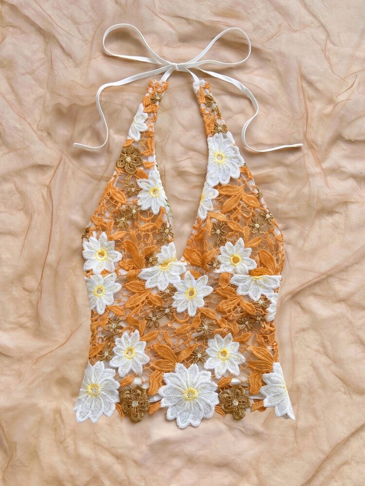 Soleia Nueva Camiseta Sexy Romántica con Bordado Floral, Cuello en V, Espalda Ab en naranja quemada