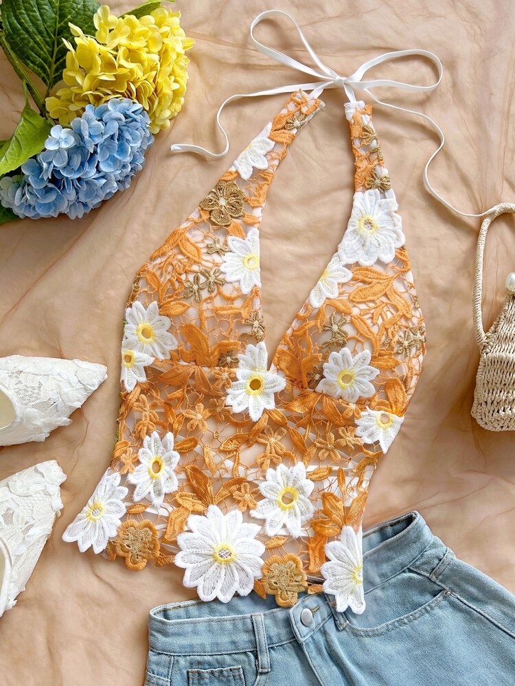 Soleia Nueva Camiseta Sexy Romántica con Bordado Floral, Cuello en V, Espalda Ab en naranja quemada · negro · blanco 1 · blanco 2 · rosa · multicolor · naranja 1 · naranja 2 · amarillo ganso, talla XS · S · M · L · XL · XXS