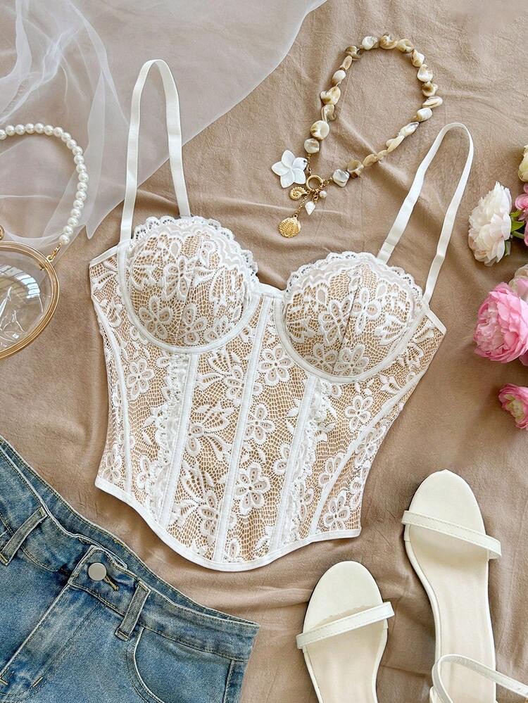 Camisola bustier elegante para mujer con ribete de encaje floral beige, a en blanco · negro · burdeos · rosa · blanco y negro · marrón · naranja · verde menta · café integral · azul y blanco 1 · azul y blanco 2, talla XS · S · M · L · XL · XXL · XXS