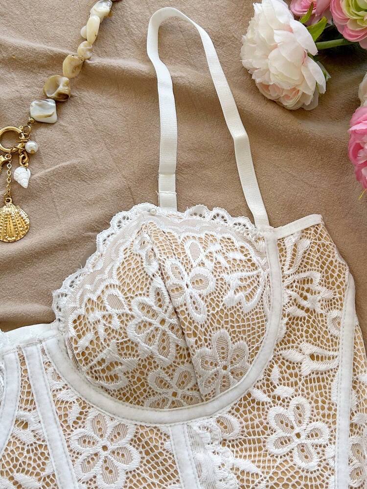 Camisola bustier elegante para mujer con ribete de encaje floral beige, a, foto 3