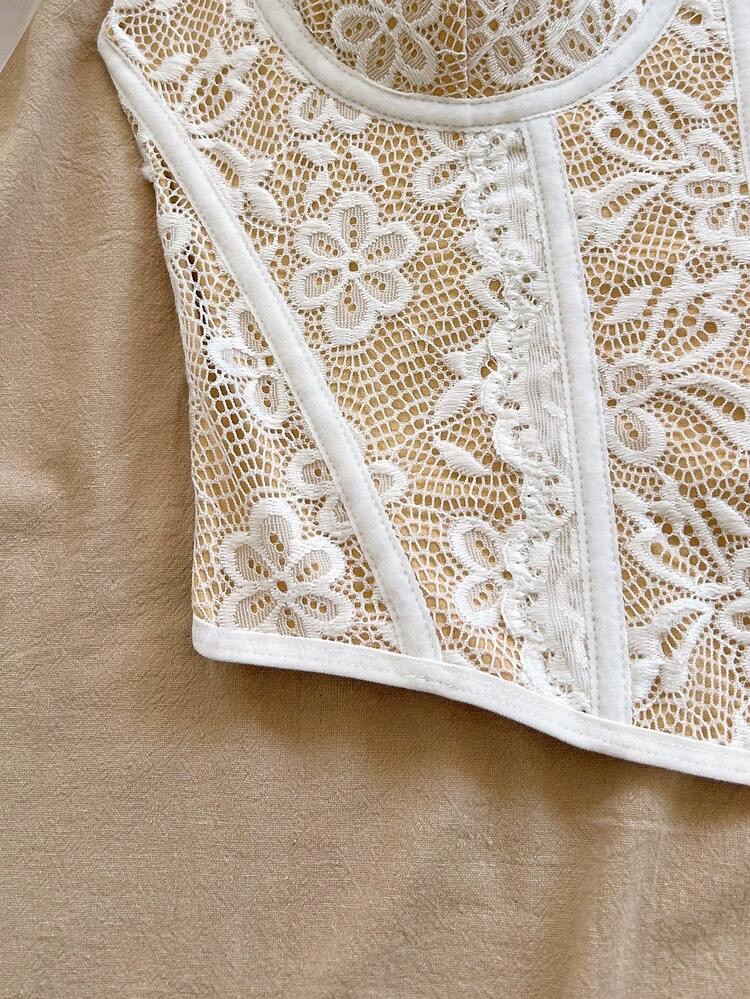 Camisola bustier elegante para mujer con ribete de encaje floral beige, a, foto 4