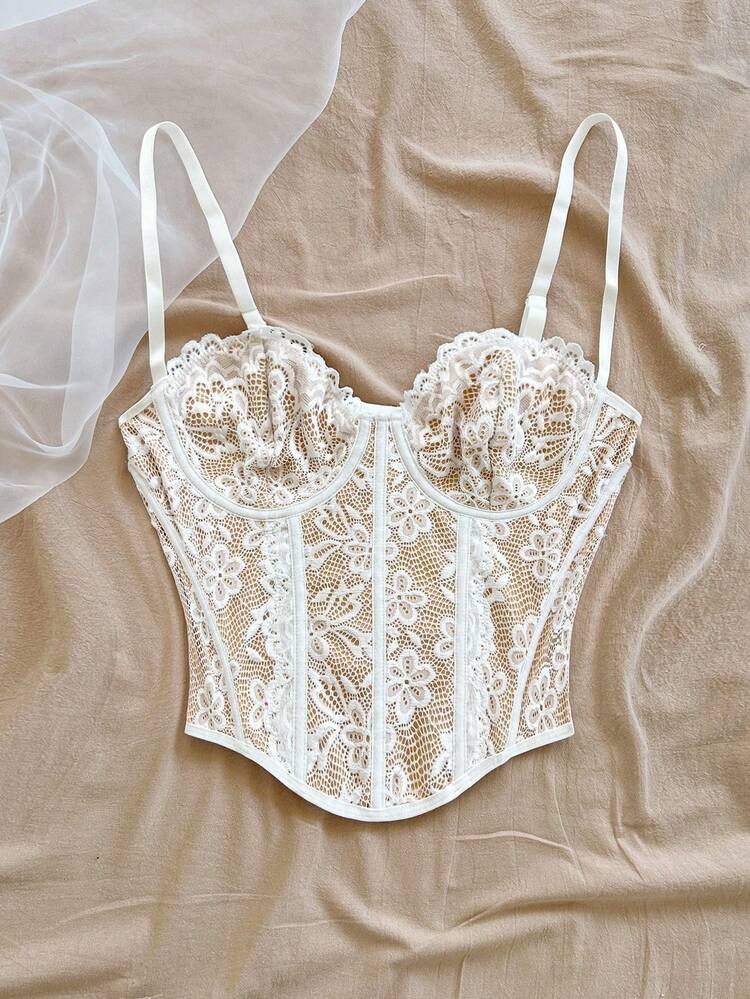 Camisola bustier elegante para mujer con ribete de encaje floral beige, a, foto 6
