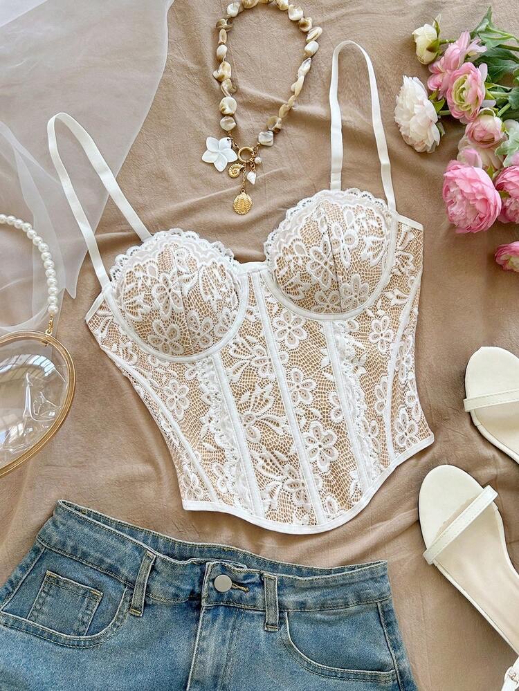 Camisola bustier elegante para mujer con ribete de encaje floral beige, a, foto 7