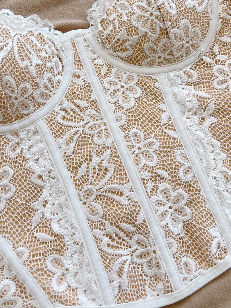 Camisola bustier elegante para mujer con ribete de encaje floral beige, a, foto 8
