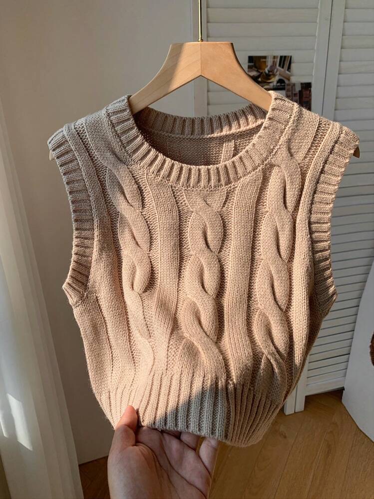 Top de punto suelto sin mangas de cuello redondo de unicolor para mu en caqui · albaricoque · verde militar · negro · gris · rojo · gris claro · café integral, talla XS · S · M · L · XL · XXS