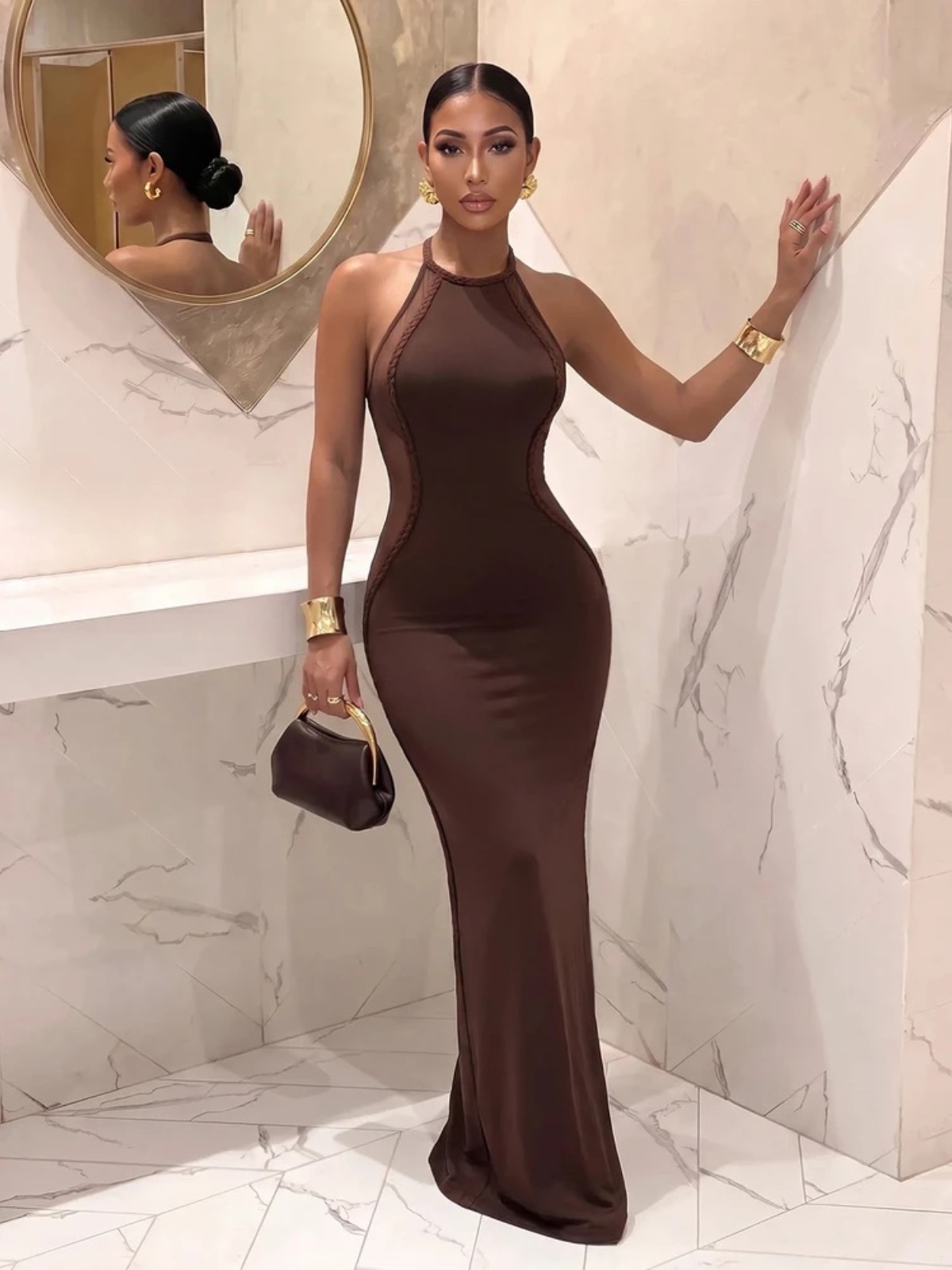Vestido Maxi ajustado de Sirena con Cuello Falso Marrón, sin Mangas, Es, foto 2