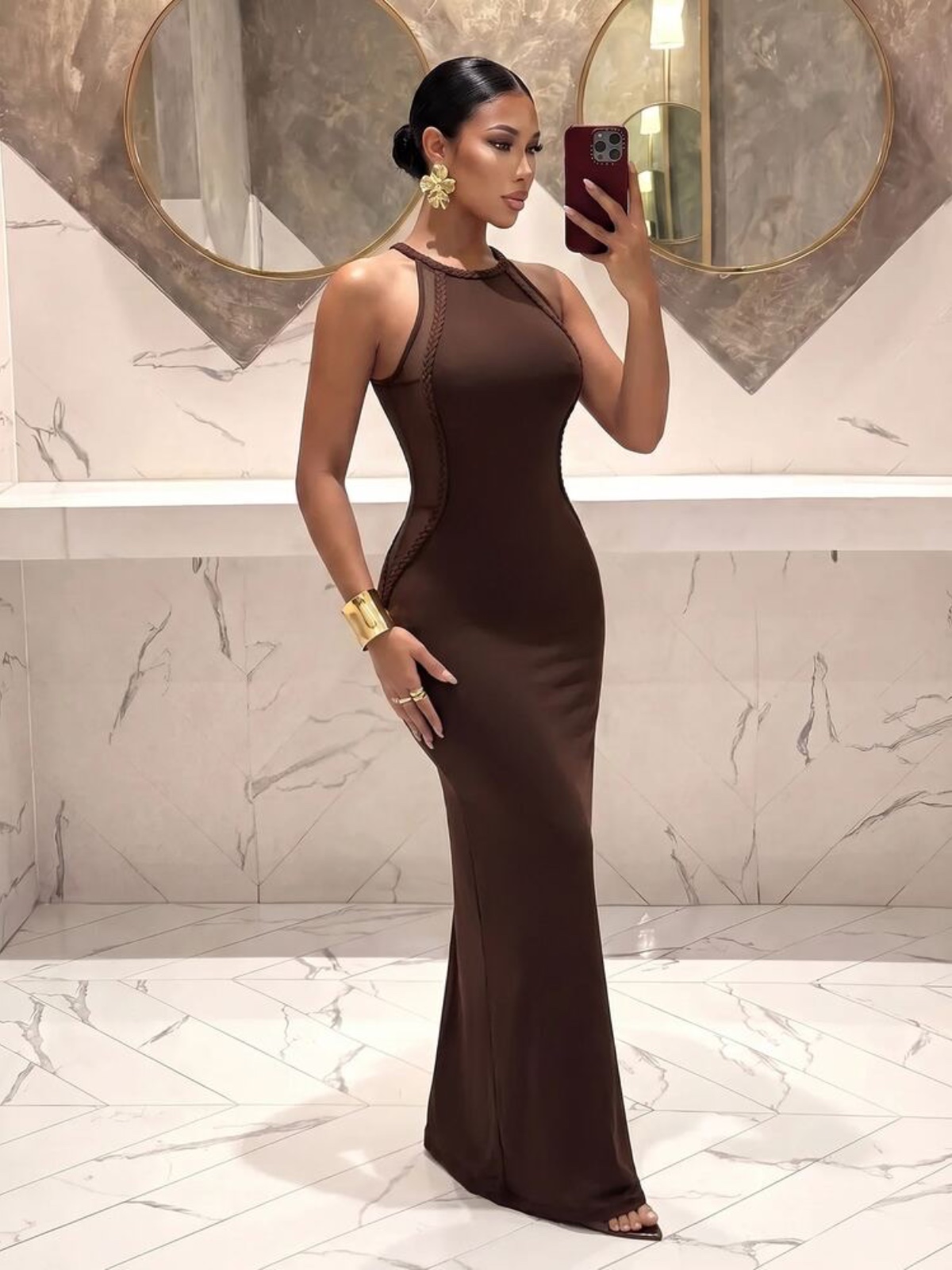 Vestido Maxi ajustado de Sirena con Cuello Falso Marrón, sin Mangas, Es, foto 6