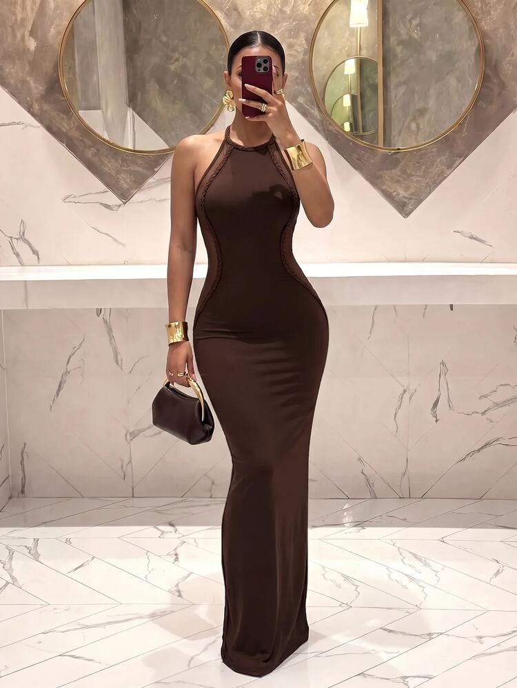 Vestido Maxi ajustado de Sirena con Cuello Falso Marrón, sin Mangas, Es en marrón, talla XS · S · M · L