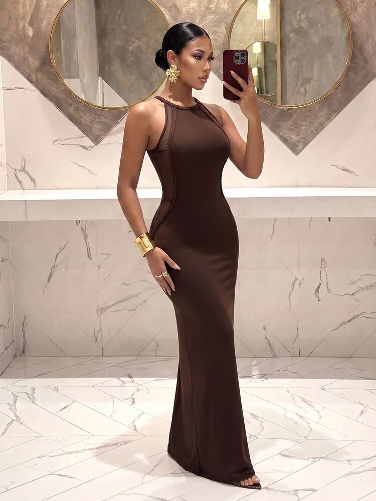 Vestido Maxi ajustado de Sirena con Cuello Falso Marrón, sin Mangas, Es, foto 3