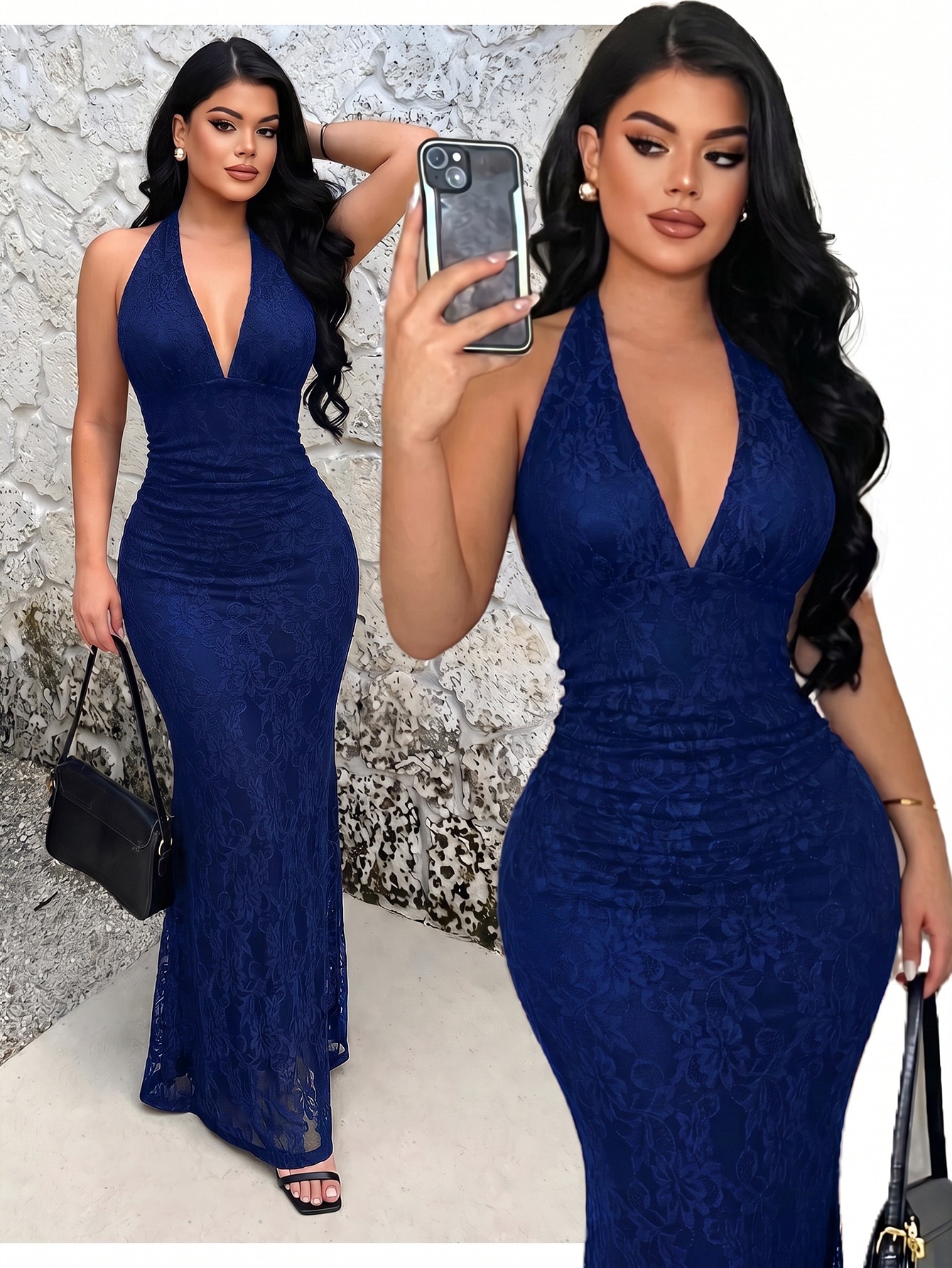 SHEIN SXY Vestido de sirena con cuello halter, encaje y bajo en color vino tinto en burdeos · negro 1 · negro 2 · negro 3 · azul · marrón · multicolor · blanco, talla XS · S · M · L · XL · XXL · XXS