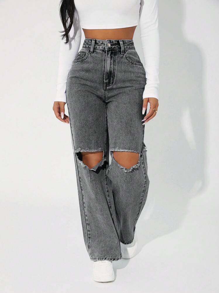 SHEIN PETITE Jeans casuales desgastados de unicolor con bolsillos, para mujeres en gris claro · negro · azul lavado oscuro · lavado ligero, talla Petite L · Petite XS · Petite XXS · Petite S · Petite M