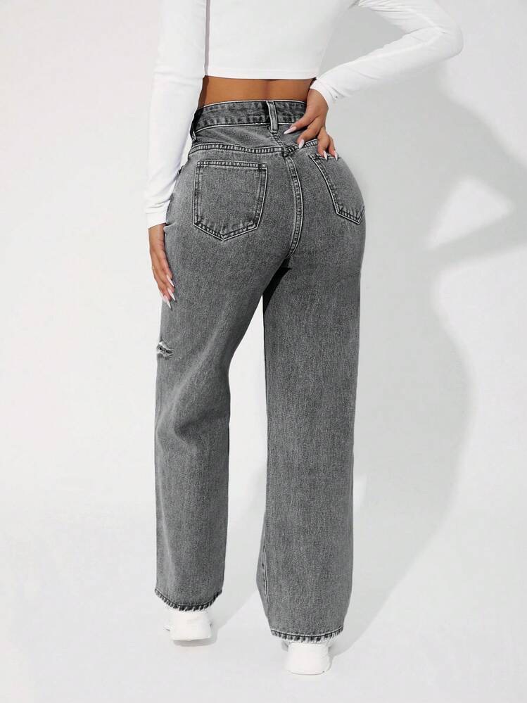 SHEIN PETITE Jeans casuales desgastados de unicolor con bolsillos, para mujeres, foto 2