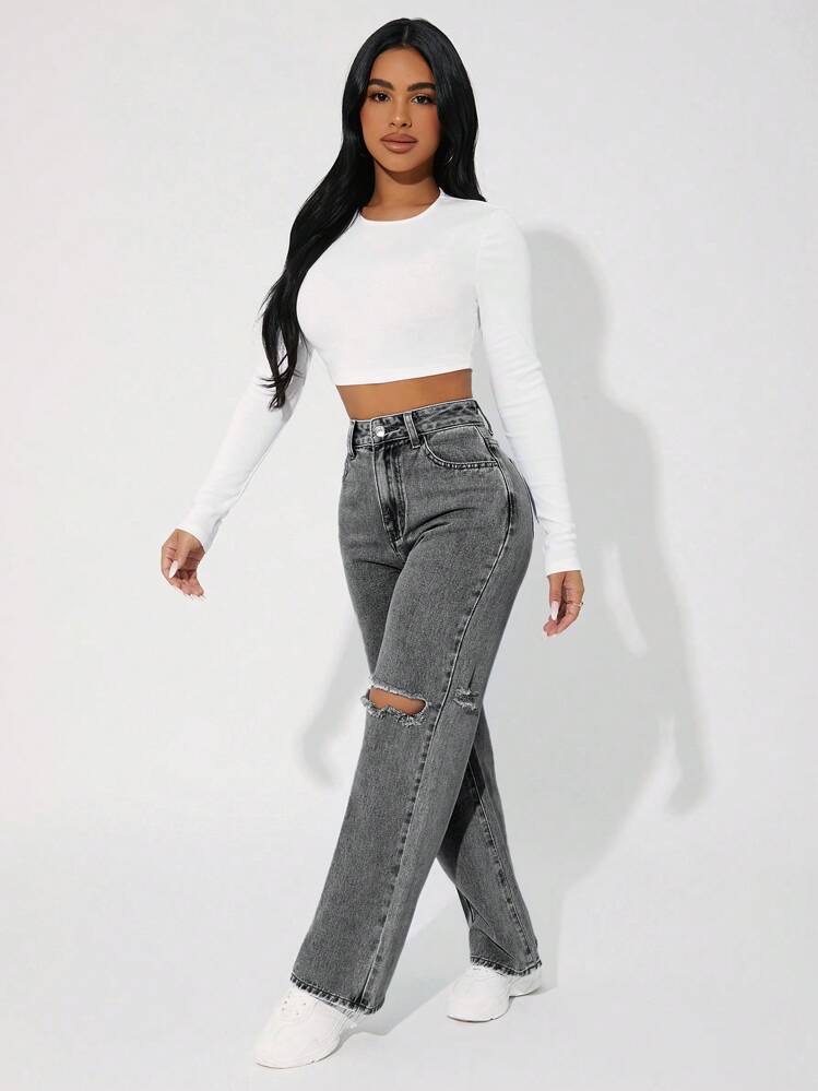 SHEIN PETITE Jeans casuales desgastados de unicolor con bolsillos, para mujeres, foto 4