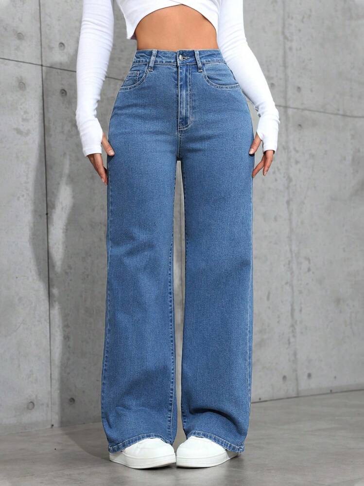 Jeans de pierna recta de talle alto minimalista lavado informal en azul lavado medio 2
