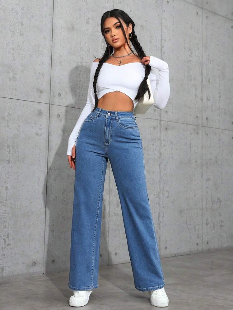 Jeans de pierna recta de talle alto minimalista lavado informal, foto 3
