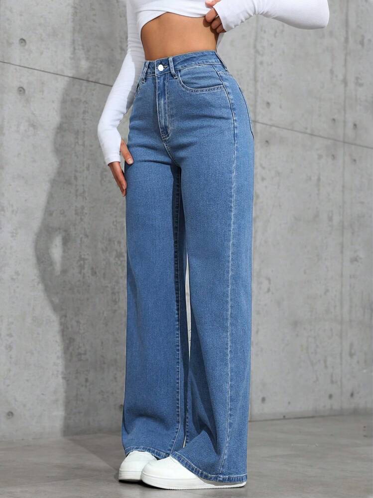 Jeans de pierna recta de talle alto minimalista lavado informal, foto 4