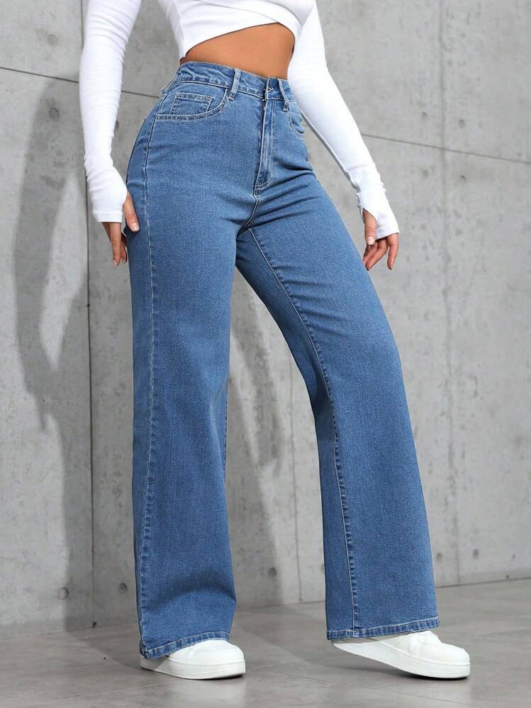 Jeans de pierna recta de talle alto minimalista lavado informal, foto 5