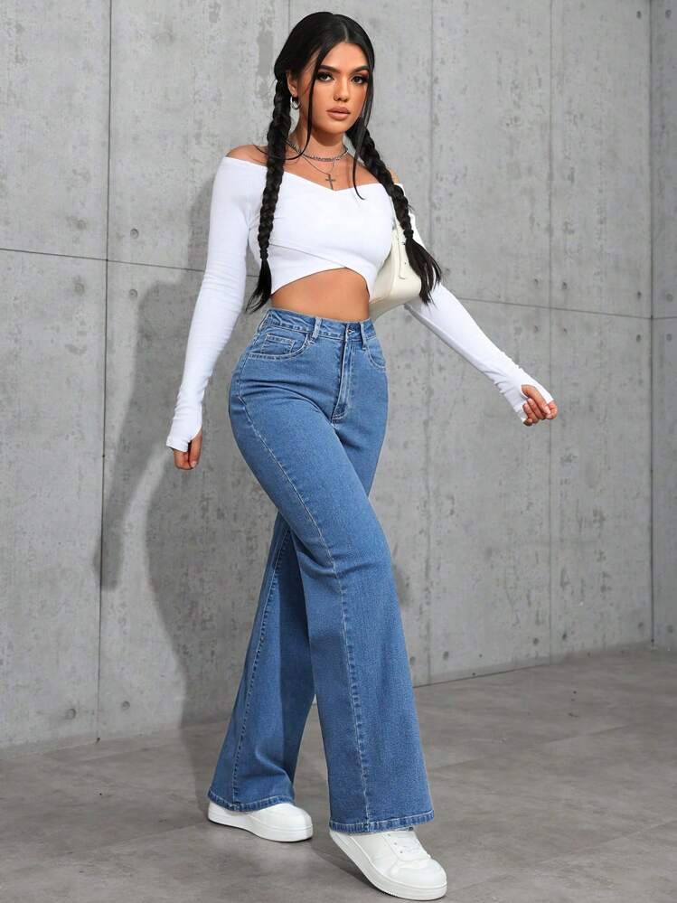 Jeans de pierna recta de talle alto minimalista lavado informal, foto 7