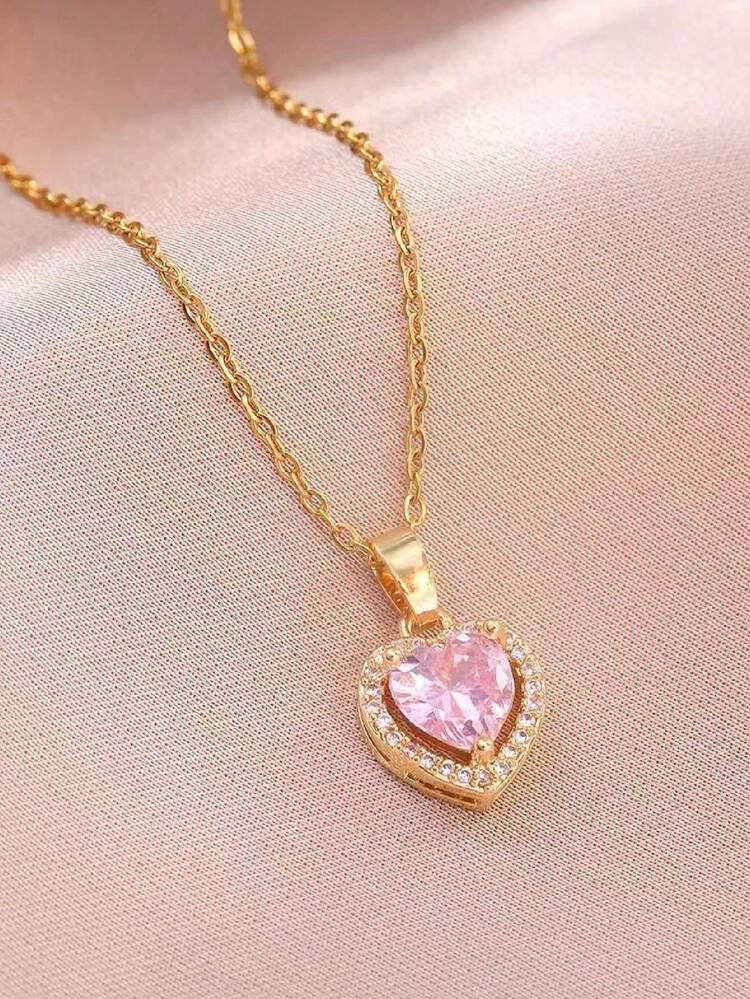 1 pieza Collar colgante de acero inoxidable elegante y dulce con corazón rosa in en collar de corazón rosa, talla 146n-2