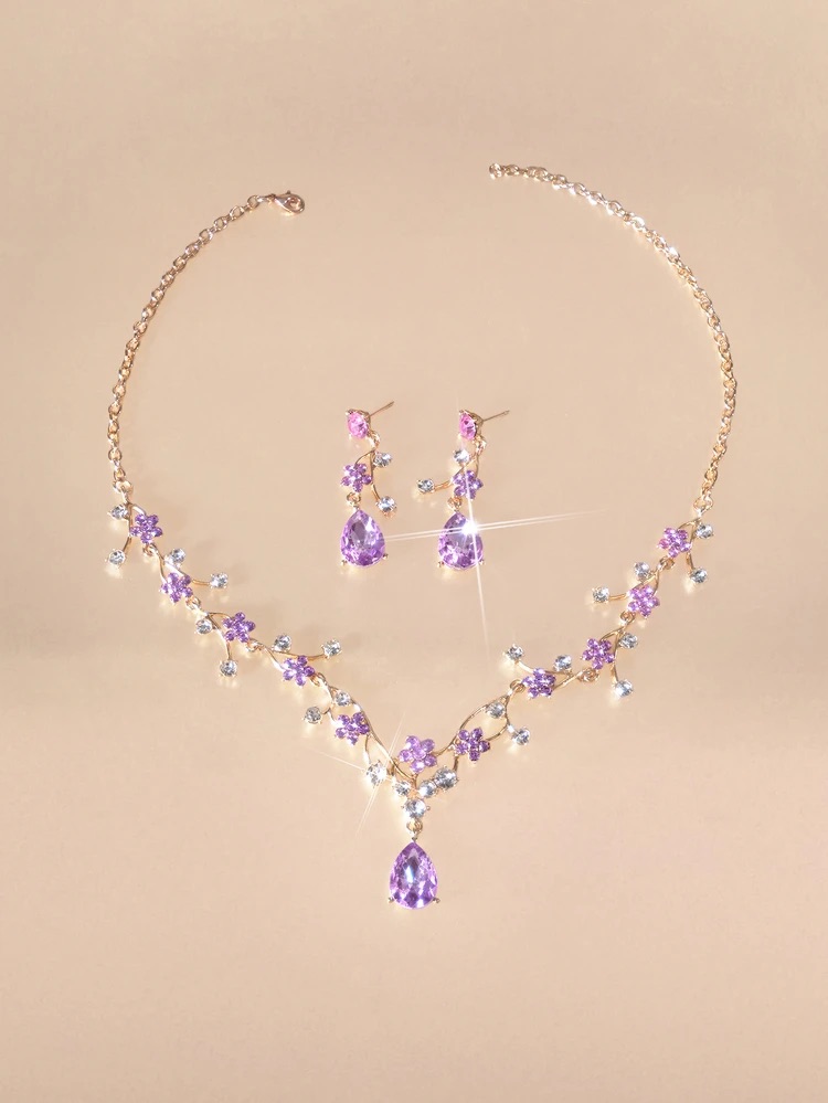 Etoivie Set de 3 piezas vintage color ciruela, incluye pendientes de cristal púr en morado, talla Unitalla