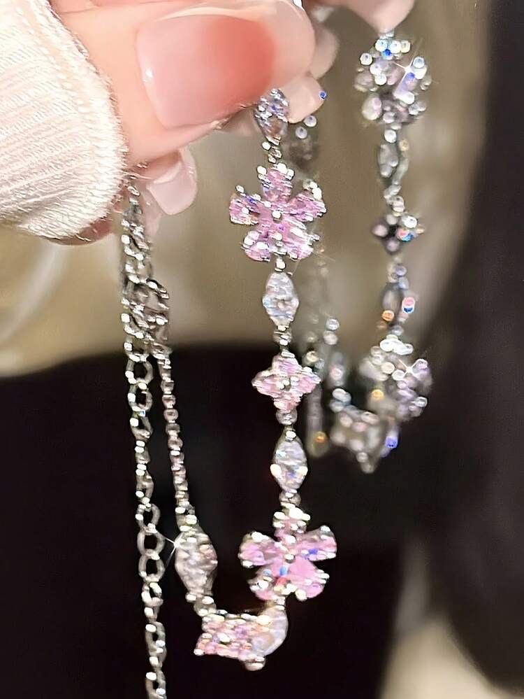 1 pieza Elegante pulsera con decoración de flor de Sakura rosa y cristales (fantasía) en multicolor, talla Unitalla