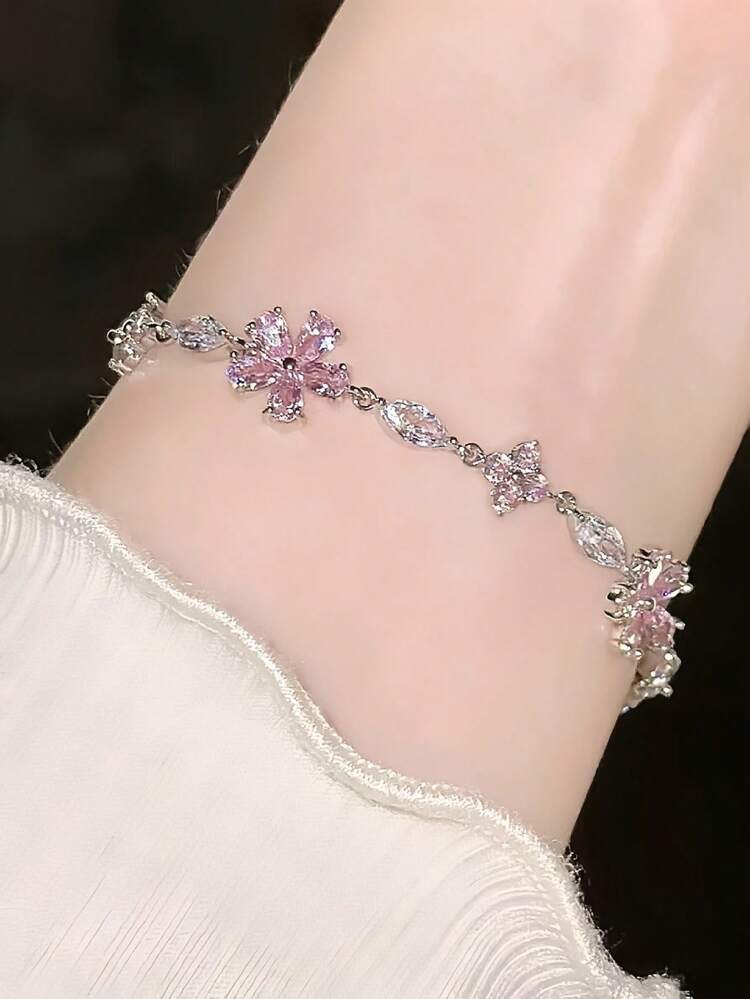 1 pieza Elegante pulsera con decoración de flor de Sakura rosa y cristales (fantasía), foto 3