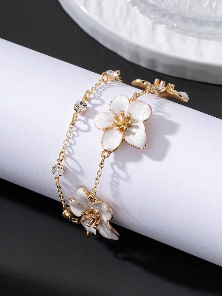 1 pieza Pulsera de flor de huevo de doble capa elegante y blanca con estilo de v en blanco 2