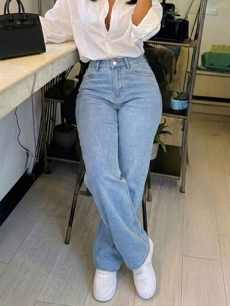 Jeans rectos casuales lavados para mujer, otoño en lavado ligero 1 · negro · gris claro · azul lavado oscuro 1 · lavado ligero 2 · azul lavado oscuro 2 · azul lavado oscuro 3 · lavado ligero 3 · lavado ligero 4 · azul lavado oscuro 4, talla XS · S · M · L · XL