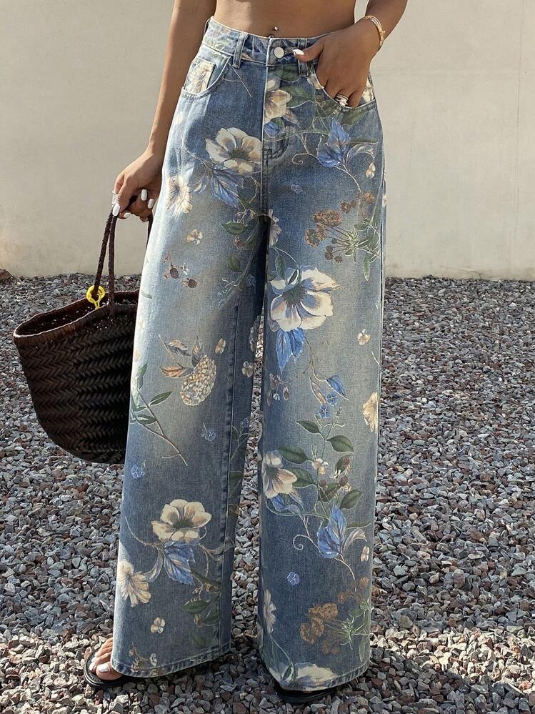 Livesso Jeans de pierna ancha con estampado floral, ajuste holgado para mujer, i en azul · lavado ligero, talla S · M · L · XL
