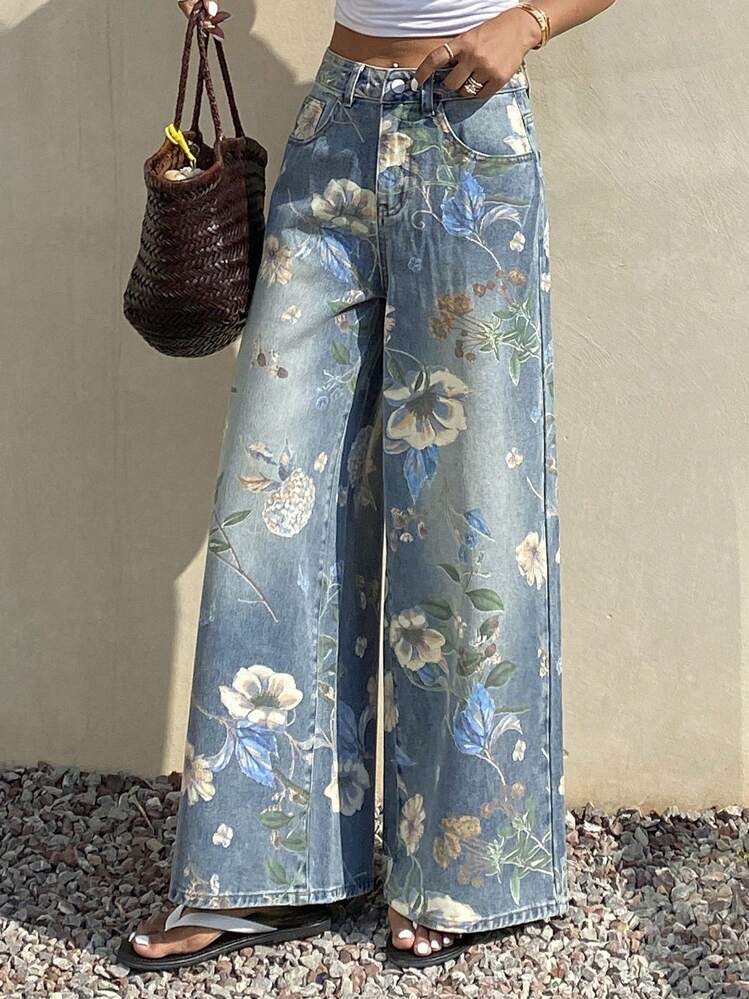 Livesso Jeans de pierna ancha con estampado floral, ajuste holgado para mujer, i, foto 3