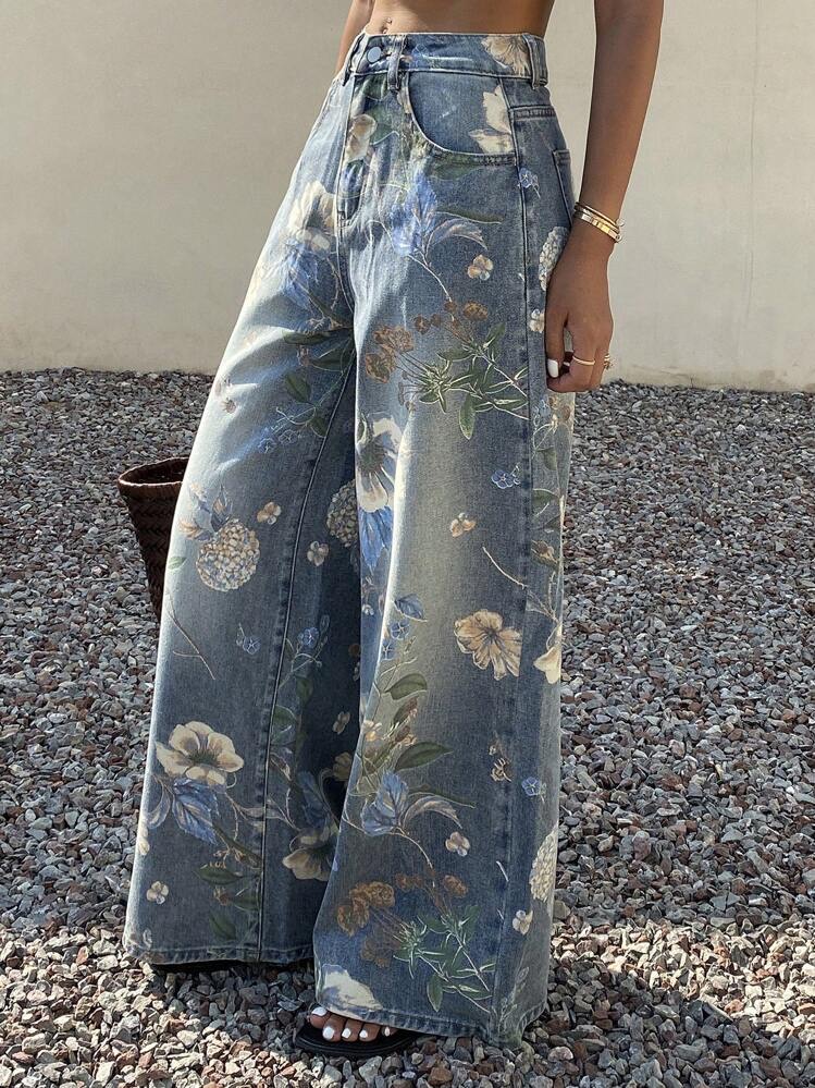 Livesso Jeans de pierna ancha con estampado floral, ajuste holgado para mujer, i, foto 5