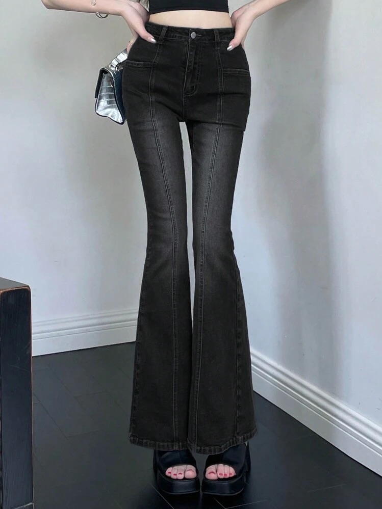 Vaqueros Acampanados De Talle Medio Para Mujer Con Cintura Normal en negro 4 · negro 1 · negro 2 · negro 3 · azul 1 · azul 2 · azul 3 · azul 4 · azul 5 · gris · celeste · neblina azul · azul marino, talla XS · S · M · L · XL · XXL · XXS