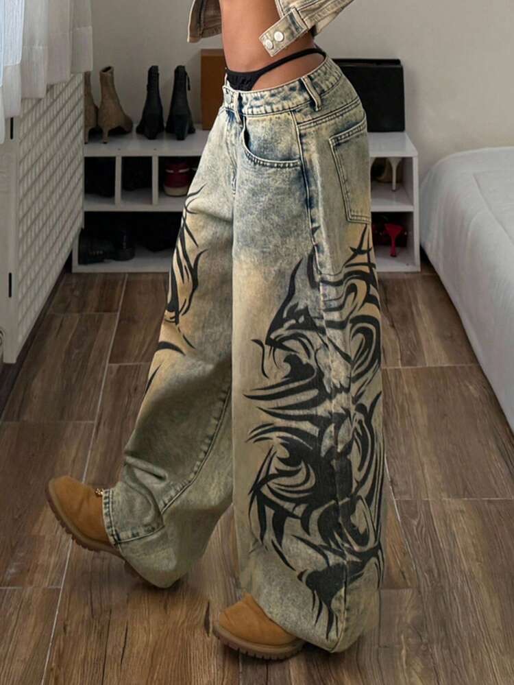 Jeans de pierna ancha con estampado retro de estilo casual y de moda, foto 2