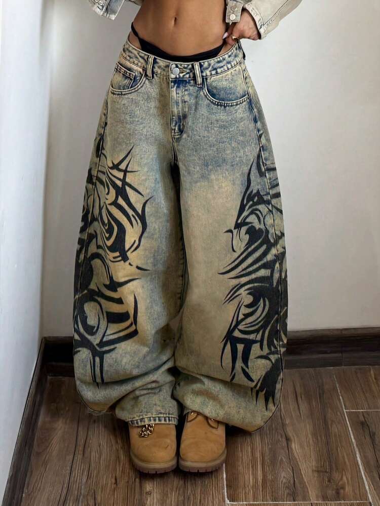 Jeans de pierna ancha con estampado retro de estilo casual y de moda en azul lavado medio 1 · marrón · gris · morado · amarillo · azul lavado oscuro 1 · azul lavado oscuro 2 · azul lavado oscuro 3 · azul lavado medio 2 · azul lavado medio 3 · azul lavado medio 4 · azul lavado medio 5 · lavado ligero 1 · lavado ligero 2, talla 26 · 27 · 28 · 30 · 32 · 25 · 24
