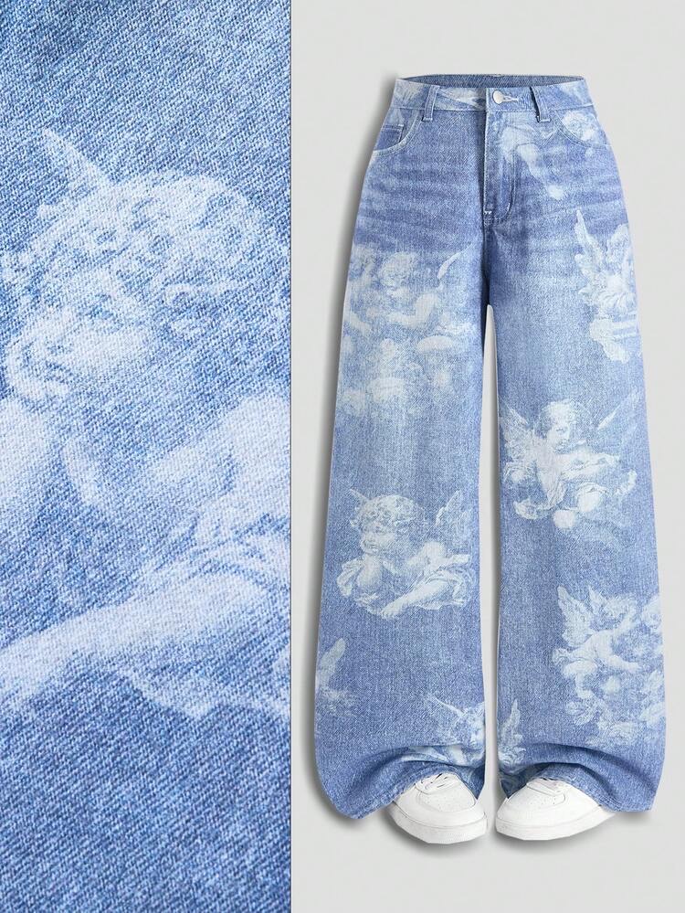 Jeans de pierna ancha con bolsillo inclinado y estampado de ángel para en azul · multicolor 1 · multicolor 2 · multicolor 3 · multicolor 4, talla 30 · 25 · 26 · 27 · 29 · 28
