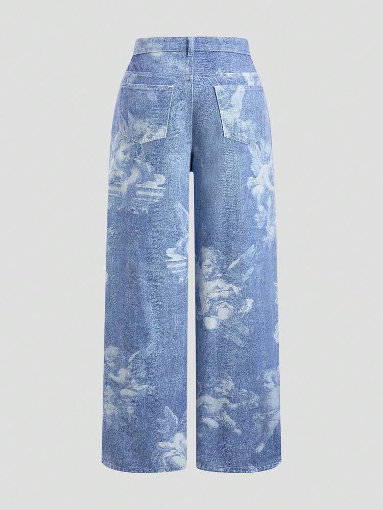 Jeans de pierna ancha con bolsillo inclinado y estampado de ángel para, foto 2