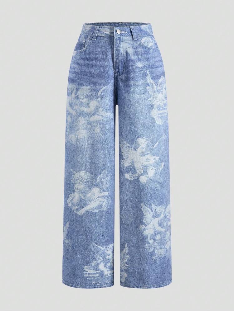 Jeans de pierna ancha con bolsillo inclinado y estampado de ángel para, foto 5