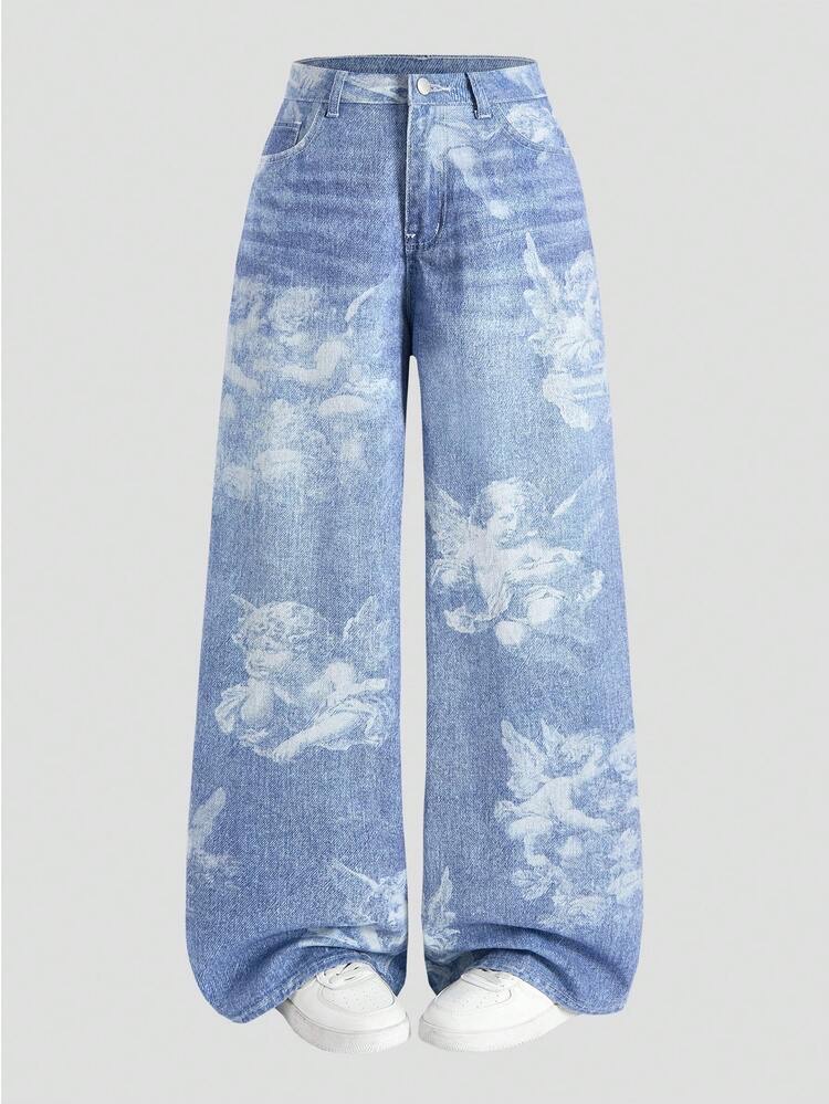 Jeans de pierna ancha con bolsillo inclinado y estampado de ángel para, foto 7