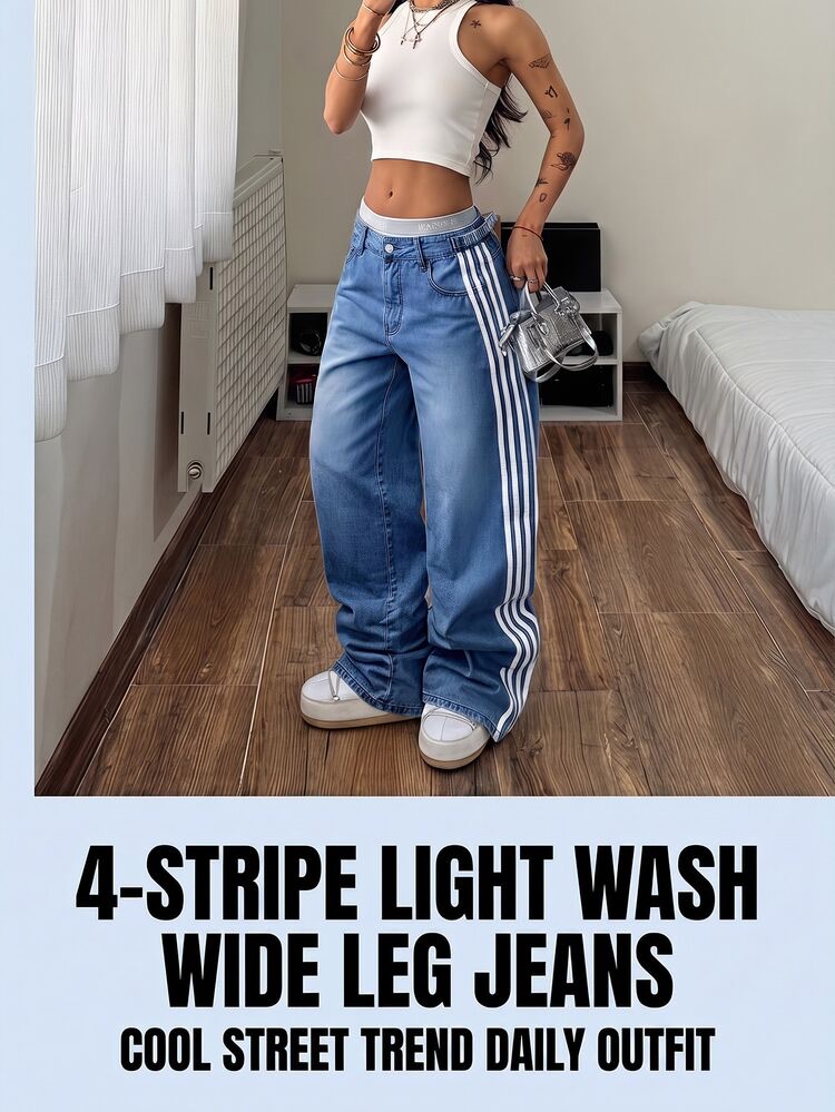 Jeans de mezclilla casuales sueltos de pierna ancha con rayas lateral, foto 4