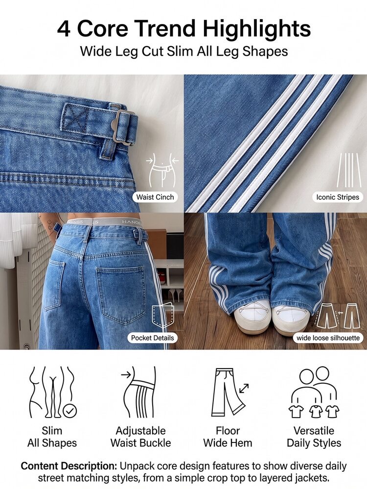 Jeans de mezclilla casuales sueltos de pierna ancha con rayas lateral, foto 5
