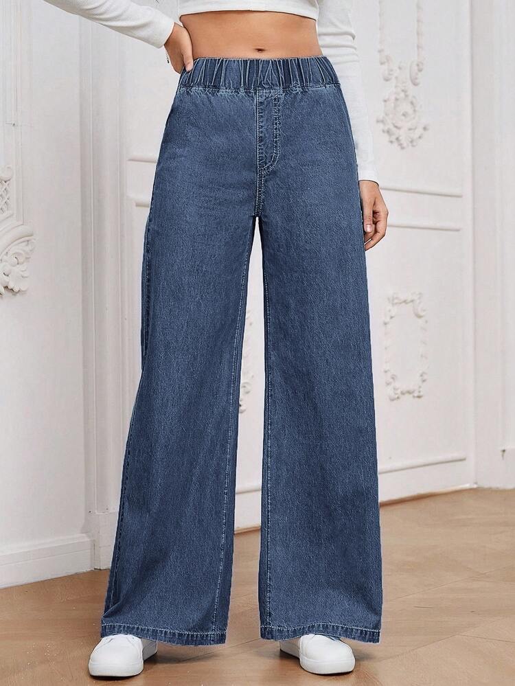 Jeans de mezclilla casuales de uso diario con cintura elástica para en azul lavado medio · blanco · azul lavado oscuro · lavado ligero, talla XS · S · M · L · XL · XXL