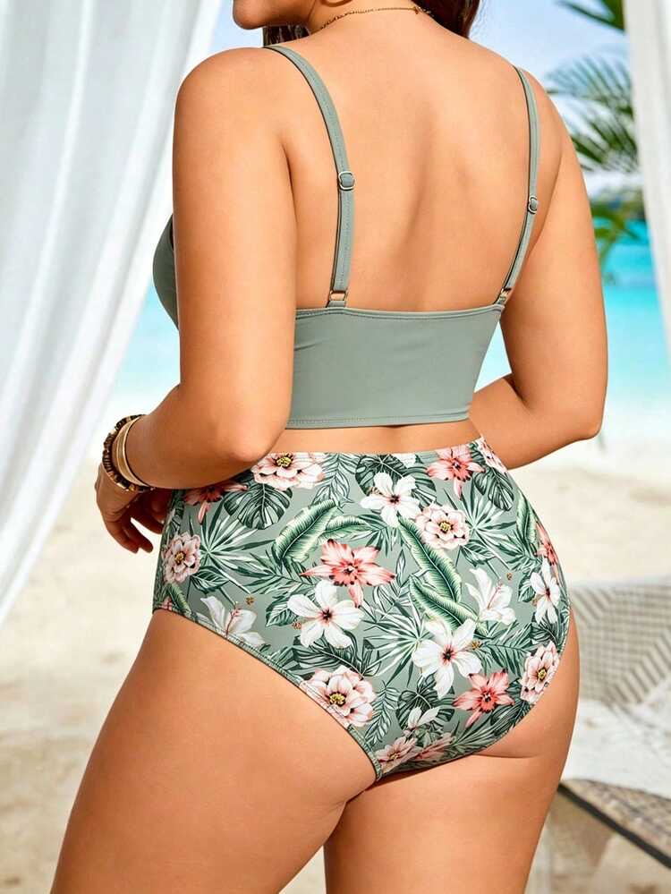 Conjunto de 2 piezas para mujer talla grande, top con cuello en V ret en multicolor 3