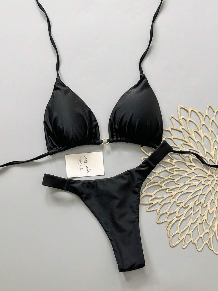 Women's Summer Beach Solid Color Halter Tie Sexy Bikini Swimwear Set Vacation Bl en black · red · blue · white · pink · orange · yellow · coffee brown, talla XS · S · M · L · XL