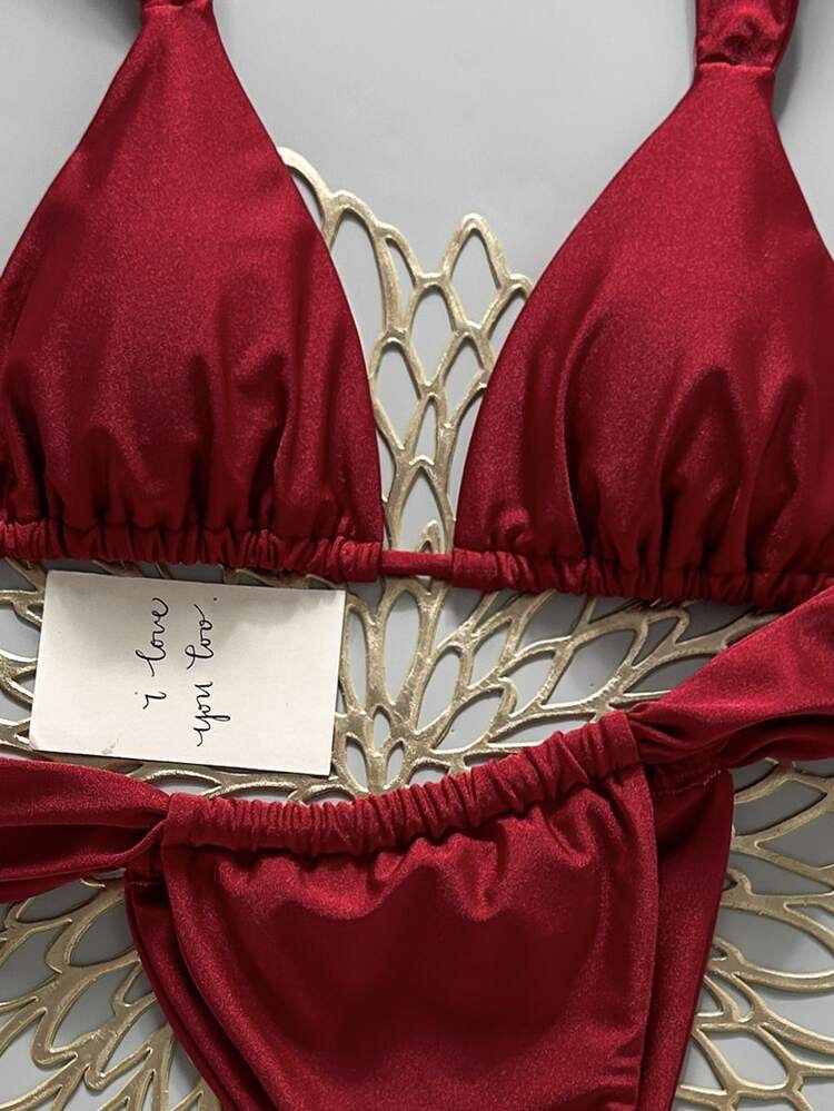 SHEIN Swim Red Plants Pattern Straps Neckline Thong Bikini For Women Fabric Shor, foto 5