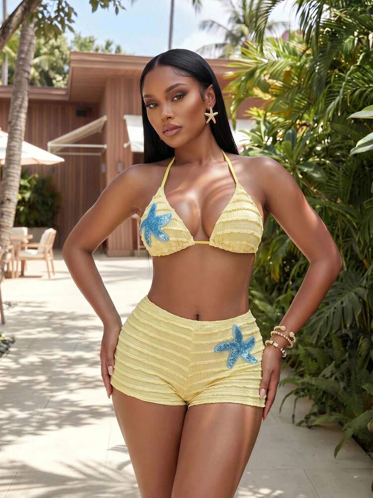 SHEIN Swim Summer New Textured Fabric Mustard Yellow Ocean Starfish Decor Halter, foto 7