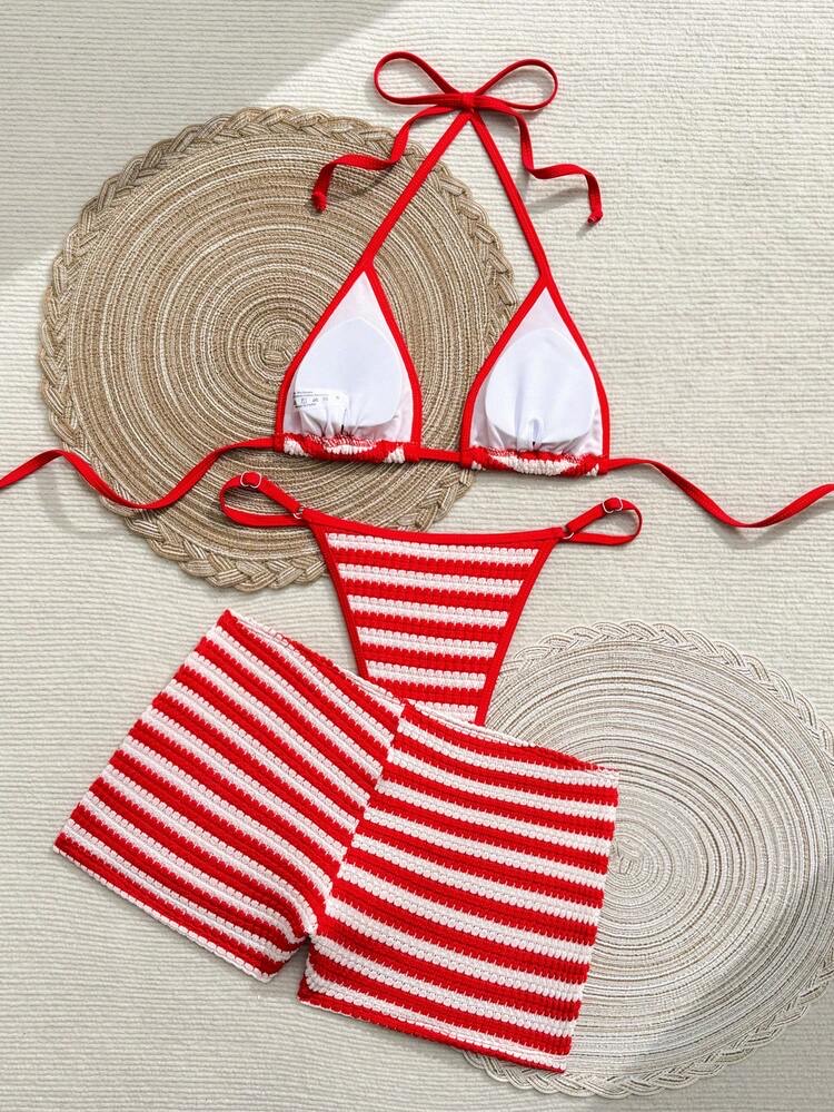 Bow Decor Striped Special Fabric Triangle Cup Tie Neck Bikini B, foto 3