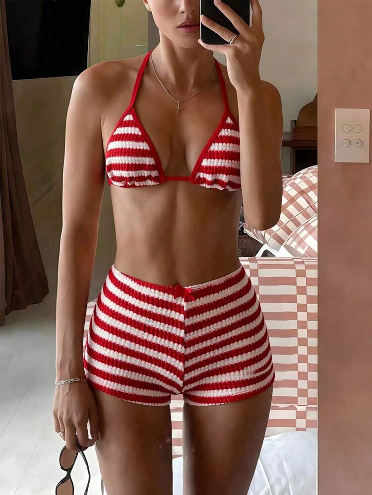 Bow Decor Striped Special Fabric Triangle Cup Tie Neck Bikini B, foto 8