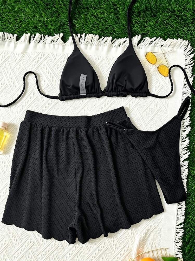 Bonvoyette-D Summer Black 3 Pieces Bikini Set, Ruched Texture Fabric,, foto 2